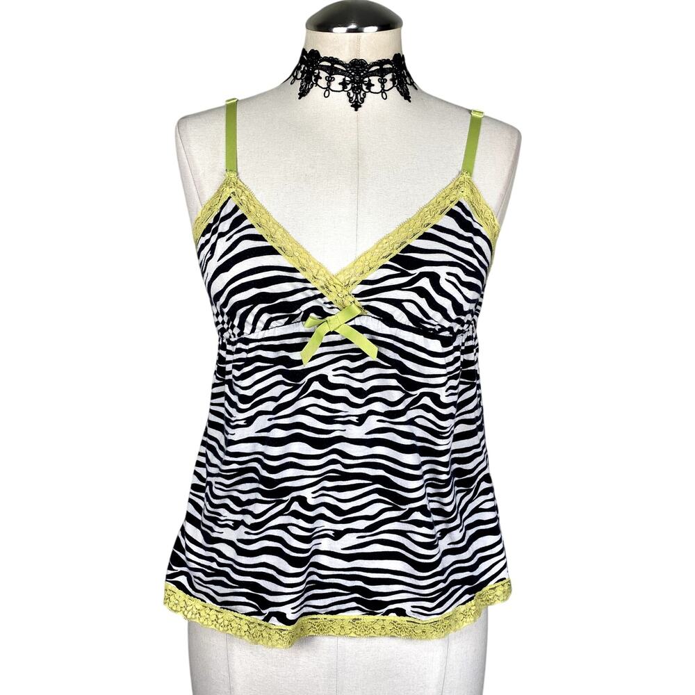 Vtg Y2K Babydoll Zebra Print Green Bow Lace Grunge Goth Emo Alt Tank Top Sz M